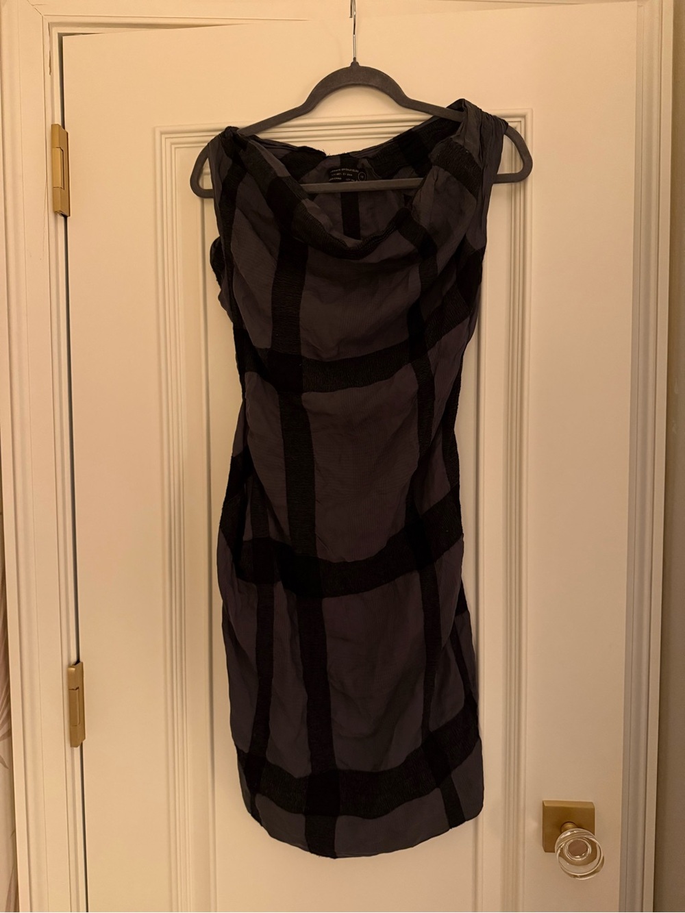 Allsaints Sakura Sleeveless Gray and Black Plaid Cowl Neck Dress